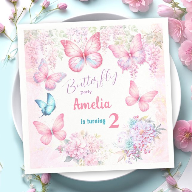 Serviette En Papier Petit Papillon rose florale Fille d'été Anniversai (Little Butterfly Pink Floral Summer Girl Birthday Napkins)