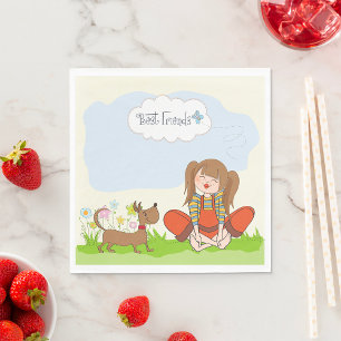 Serviette En Papier Petite fille et chien brun meilleurs amis