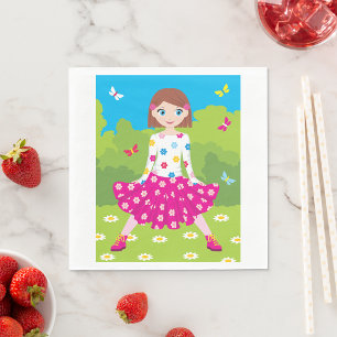 Serviette En Papier Petite Fille Heureuse avec des Fleurs et des Papil