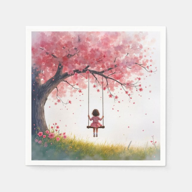 Serviette En Papier Petite fille sur une aile de cerisier (Devant)