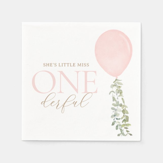 Serviette En Papier Petite Miss Onederful Balloon rose Anniversaire (Devant)