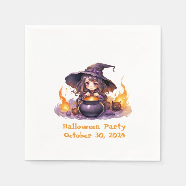 Serviette En Papier Petite sorcière avec Caldron et Flames (Devant)