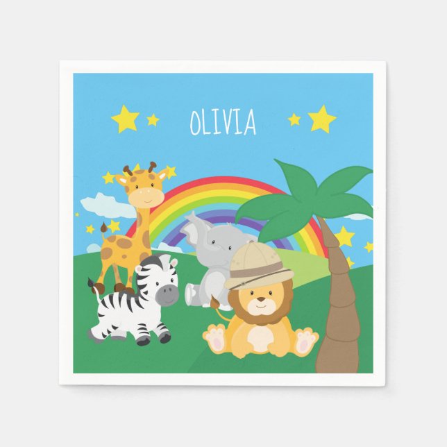 Serviette En Papier Petits enfants Safari Jungle Animaux et prénom (Devant)