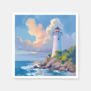 Serviette En Papier Phare côtier   Vagues de l'océan bleu mer