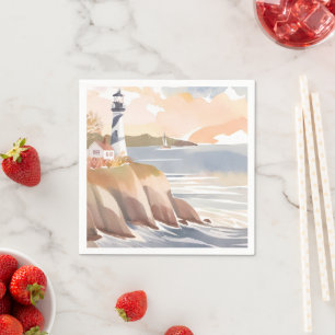 Serviette En Papier Phare sur la Côte Océan à l'aquarelle
