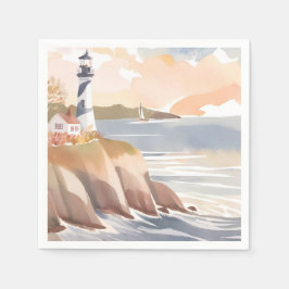 Serviette En Papier Phare sur la rive | Océan aquarelle