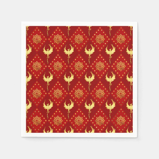 Serviette En Papier Phoenix or et lotus symbole motif sur rouge (Devant)
