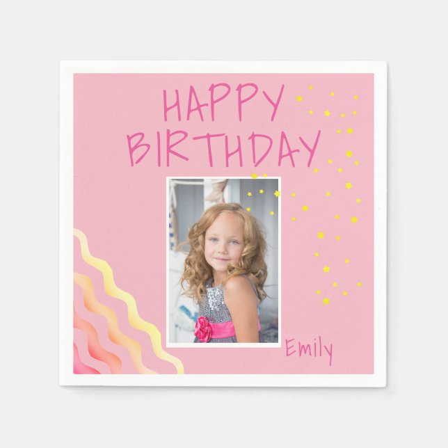 Serviette En Papier Photo d'anniversaire de fille rose mignonne (Devant)