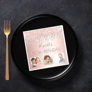 Serviette En Papier Photo de fête d'anniversaire rose or parties scint
