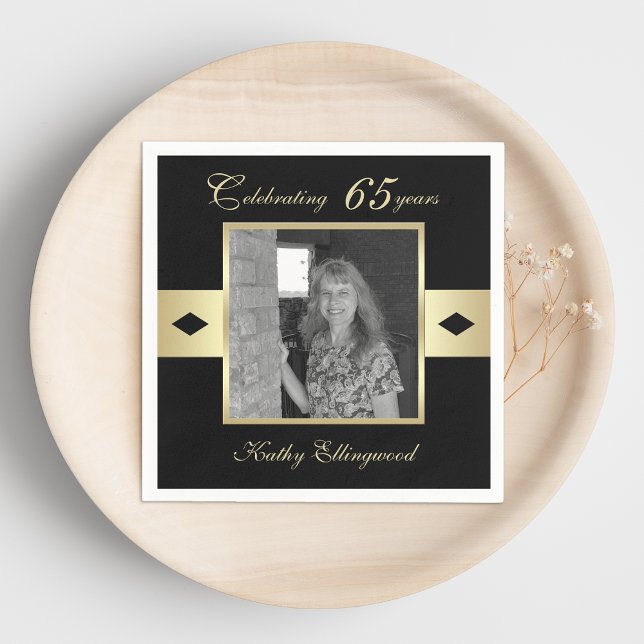 Serviette En Papier Photo du 65e anniversaire de la fête sur Noir (Créateur téléchargé)