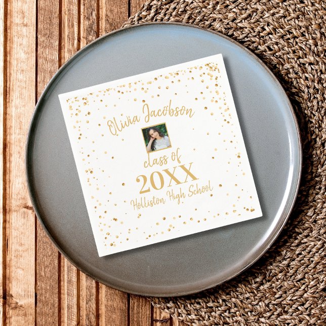 Serviette En Papier Photo Grad, Gold Confetti, Graduation Party White (Créateur téléchargé)