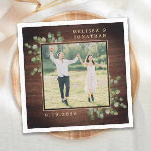 Serviette En Papier Photo Mariage personnalisée Rustic Wood Greenery