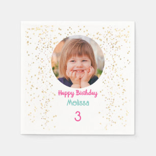 Serviette En Papier Photo / Nom / Age Joyeux B'day, Gold Stars Wht