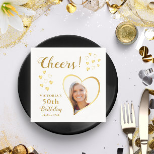 Serviette En Papier Photo personnalisée de White et Gold 50th Birthday