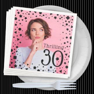 Serviette En Papier Photo personnalisée Pink Noir Confetti 30e anniver