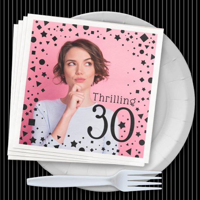 Serviette En Papier Photo personnalisée Pink Noir Confetti 30e anniver (Créateur téléchargé)