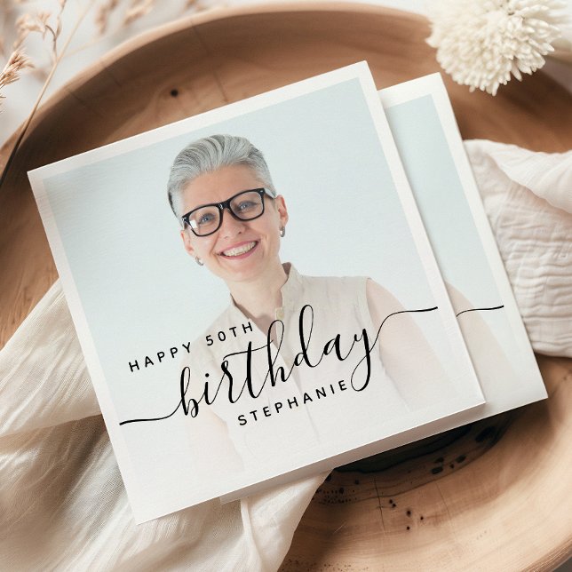 Serviette En Papier Photo personnalisée Script noir 50e anniversaire (Créateur téléchargé)