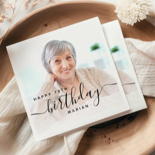 Serviette En Papier Photo personnalisée Script noir 70e anniversaire