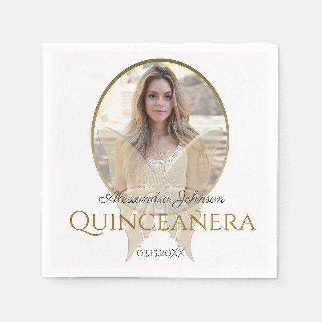Serviette En Papier Photo Quinceanera 15e Anniversaire Papillon d'or (Devant)