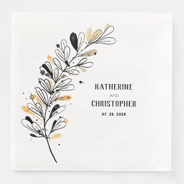 Serviette En Papier Pierre dessinée rustique avec Feuilles noir blanc  (Devant)