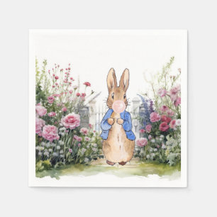 Serviette En Papier Pierre le lapin gomme rose dans son jardin