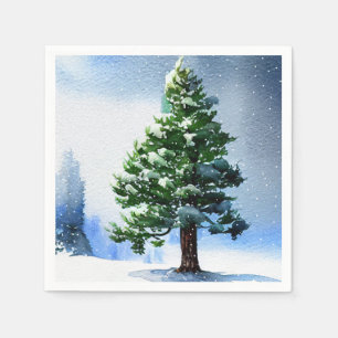 Serviette En Papier Pine Arbre avec Aquarelle de neige Peinture Noël
