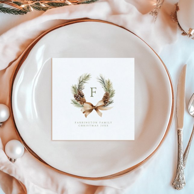 Serviette En Papier Pine Cone & Bow Wreath Monogramme Famille Vacances (Créateur téléchargé)