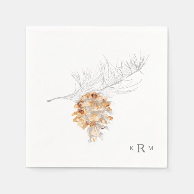 Serviette En Papier Pine Cône Main Tirée Aquarelle Monogramme Cocktail (Devant)