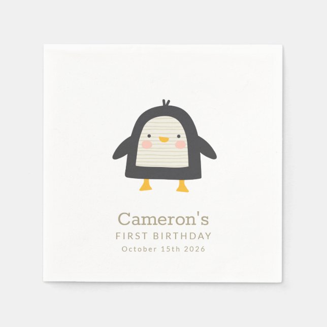 Serviette En Papier Pingouin d'hiver Simple 1er anniversaire (Devant)