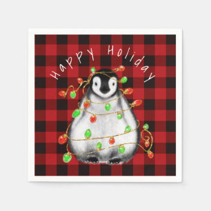 Serviette En Papier Pingouin festif de vacances, lumières rouge scinti