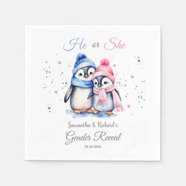 Serviette En Papier Pingouins Bébé mignons Lui ou elle hiver Révélatio (Devant)