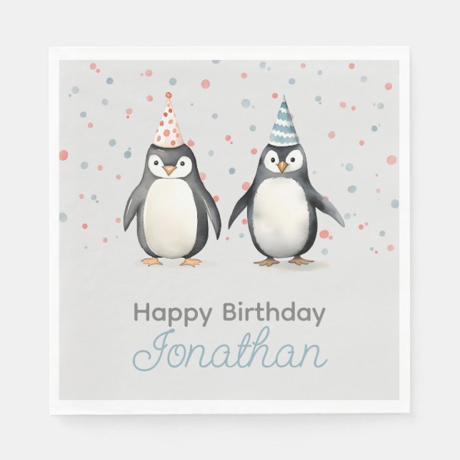 Serviette En Papier Pingouins de fête, aquarelle, anniversaire d'enfan (Devant)