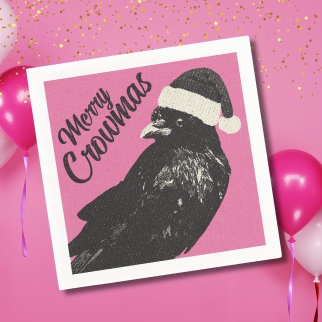 Serviette En Papier Pink and Black Merry Crowmas Christmas Holiday  (Fun Merry Crowmas pink and black crow Christmas party cocktail napkins will make guests smile. )