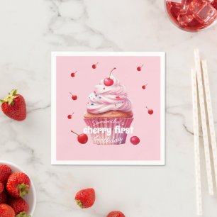 Serviette En Papier Pink Baby First Cherry & Cupcake Anniversaire