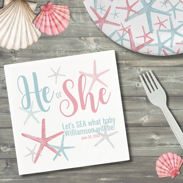 Serviette En Papier Pink Blue He She Summer Gender Revevevela Party (Cute Pink Blue He She Summer Gender Reveal Party Napkins)