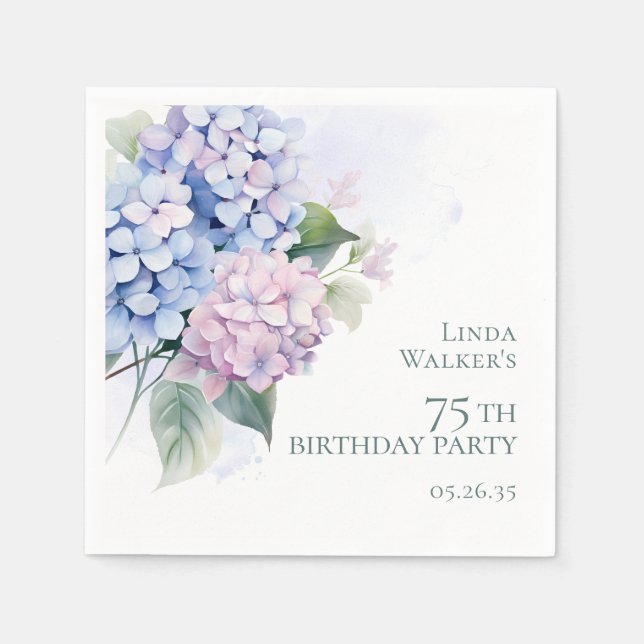 Serviette En Papier Pink Blue Hydrangeas 75ème anniversaire (Devant)