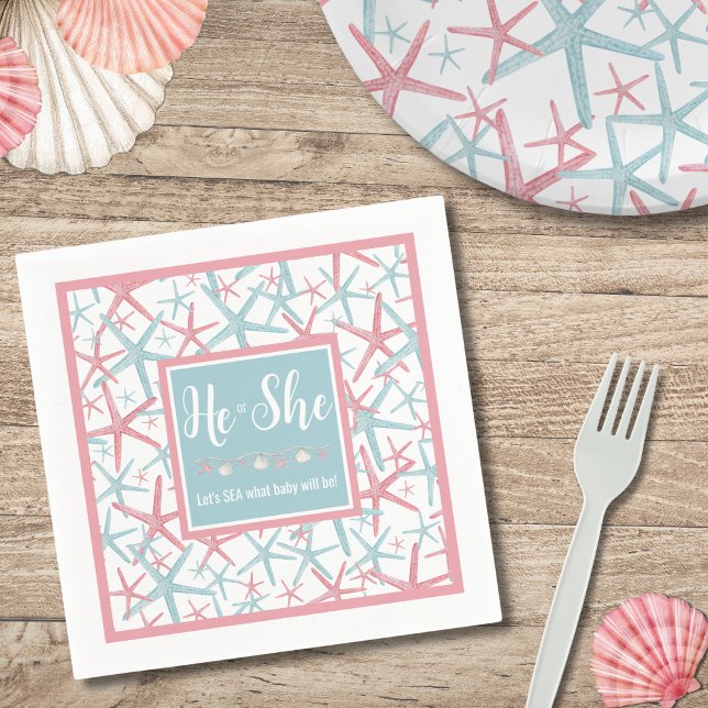 Serviette En Papier Pink Blue Summer Reveale Party (Cute Pink Blue Boy Girl He She Gender Reveal Party Napkins)