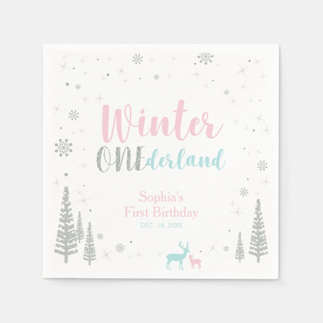Serviette En Papier Pink & Blue Winter Onederland Girl 1er anniversair (Devant)