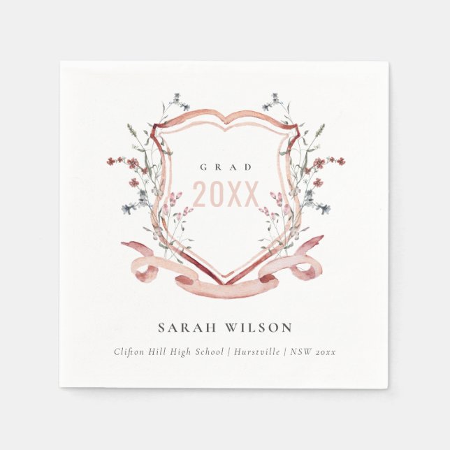 Serviette En Papier Pink Blush Fleur sauvage Aquarelle Crest Graduatio (Devant)