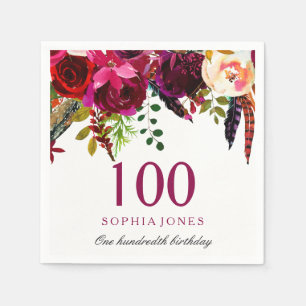 Serviette En Papier Pink & Burgundy Boho Floral 100e fête d'anniversai