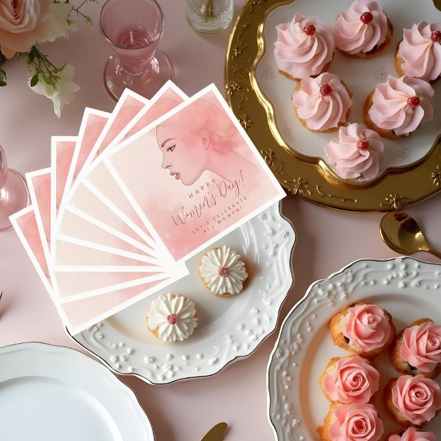 Serviette En Papier Pink Delicate Minimalist Woman Happy Women's Day (Delicate Minimalist Woman in Pink Happy Women's Day Napkins. Let's Celebrate All Women Custom Quote.)