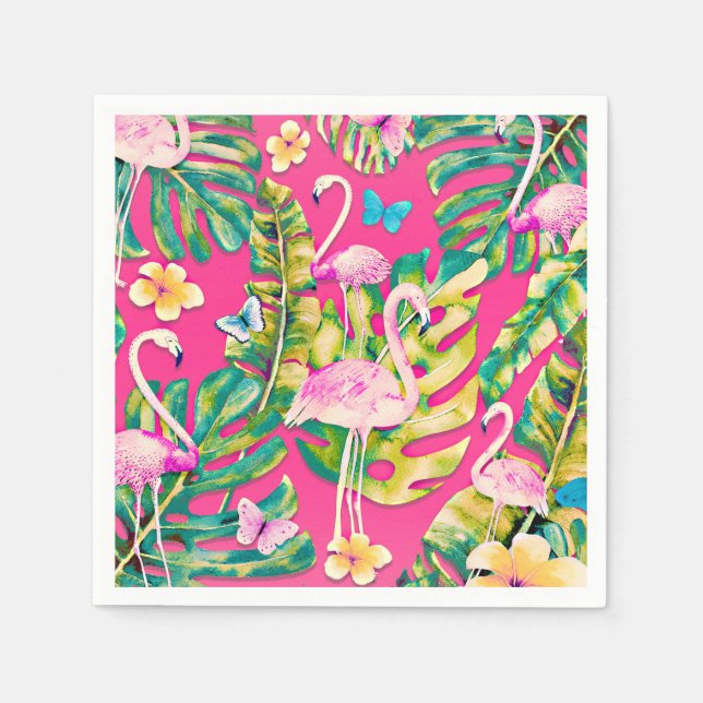 Serviette En Papier Pink Flamingos Tropical Botanical Butterfly (Devant)
