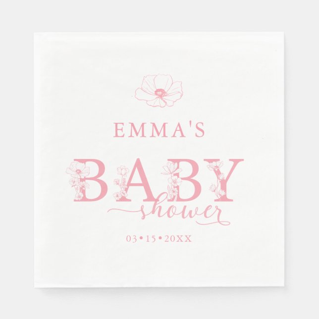 Serviette En Papier Pink Floral Baby Shower | Elegant Wildflower (Devant)