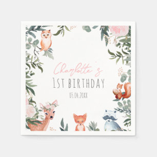 Serviette En Papier Pink Floral Bois Animaux Anniversaire Napkins