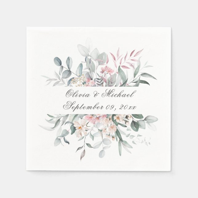 Serviette En Papier Pink Floral Script Nom Mariage Napkins (Devant)