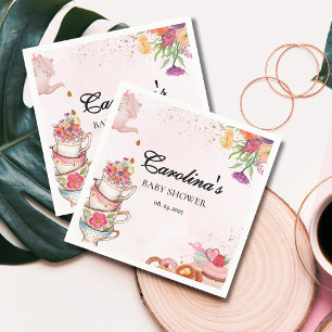 Serviette En Papier Pink Floral tea party Baby is Brewing baby shower