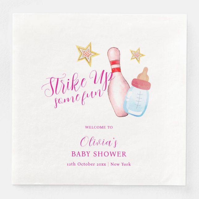 Serviette En Papier Pink Fun Strike Up Bowling Baby Shower Welcome (Devant)