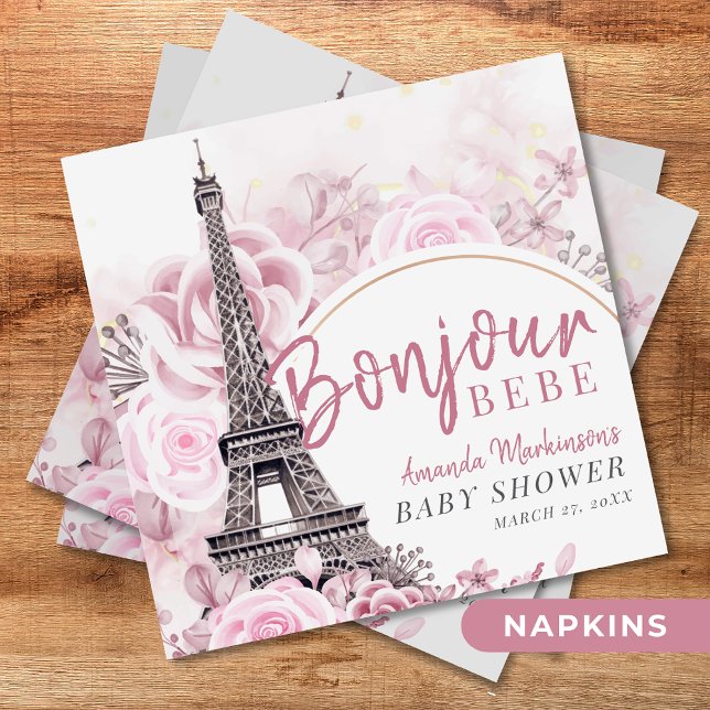 Serviette En Papier Pink Gold Floral Bonjour Bebe Baby shower (Créateur téléchargé)
