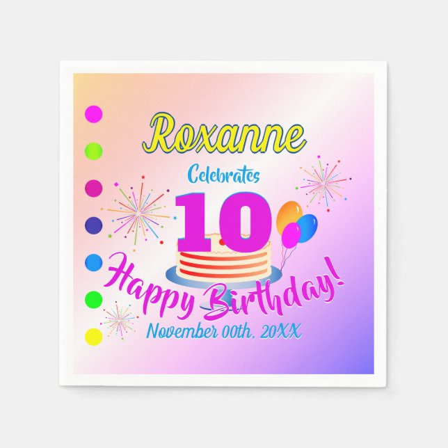 Serviette En Papier PINK Joyeux 10e anniversaire | modifiable (Devant)