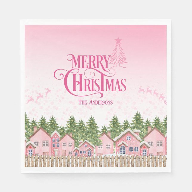 Serviette En Papier Pink Joyry Noël Village Fête Papier (Devant)